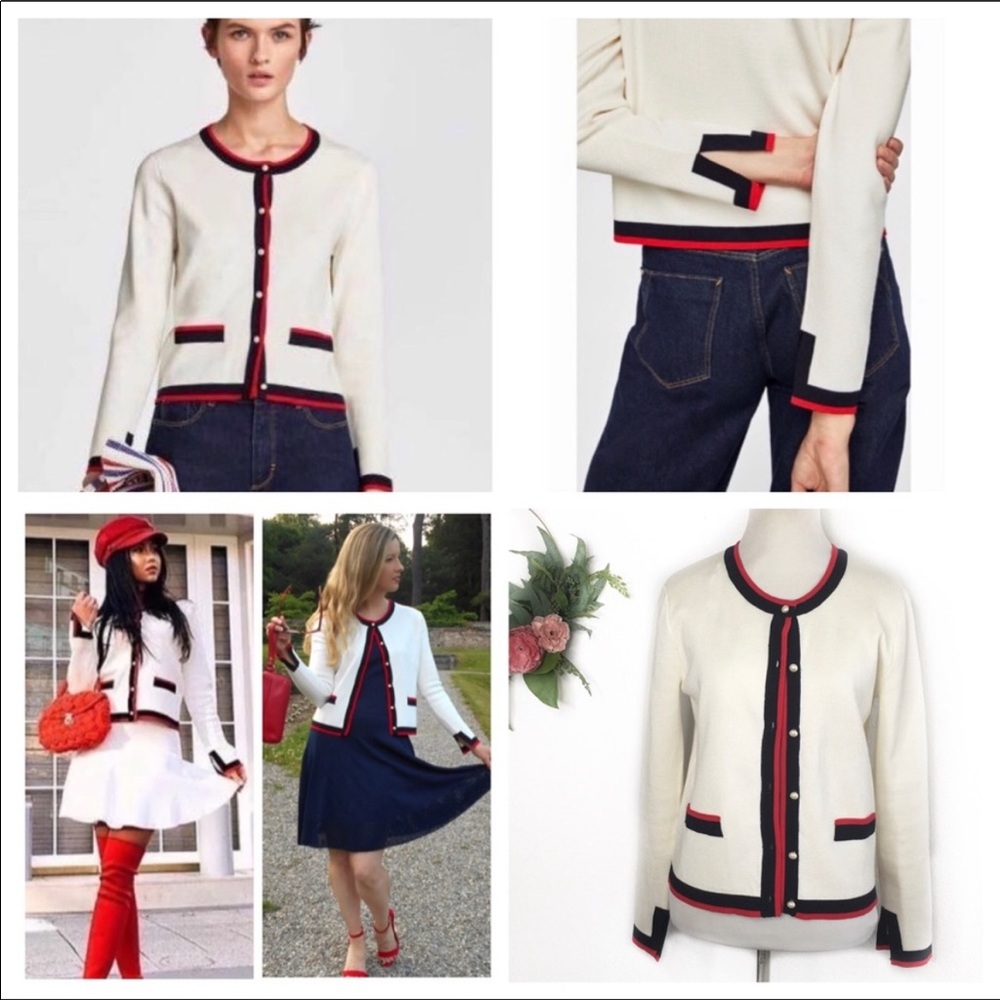 ZARA knit ivory red blue sweater pearl button L